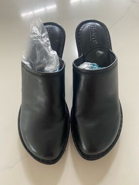Born Black Leather Slip-On Heeled Clogs